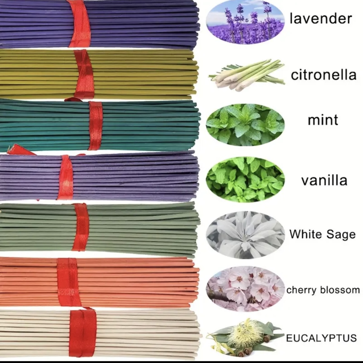 Oasis of Oud limited edition incense sticks in assorted scents – Lavender, Citronella, Mint, Vanilla, White Sage, Cherry Blossom, and Eucalyptus.